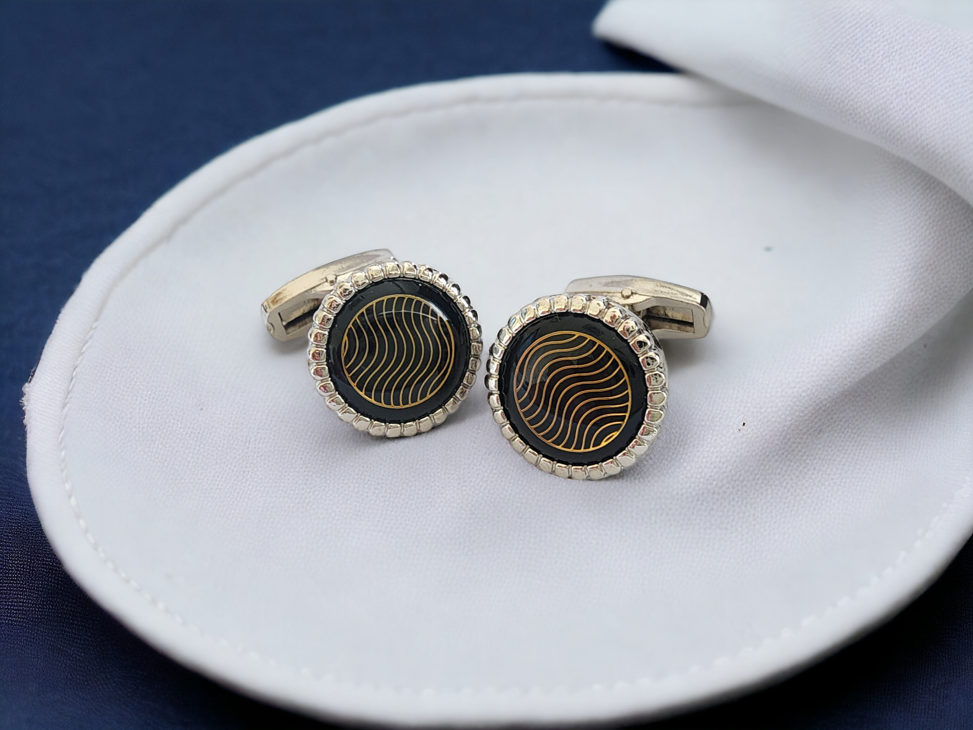 Silver Metallic Cufflinks with Golden Waves